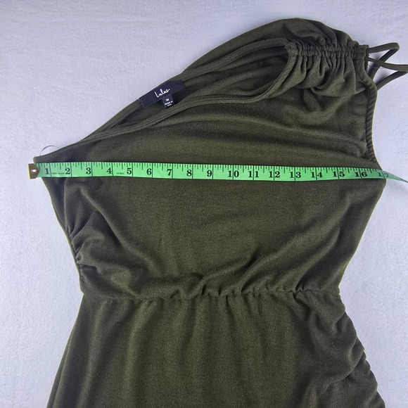 Lulus Olive Green One Shoulder Mini Dress Ruched Drawstring Bodycon Party Medium - Picture 9 of 11